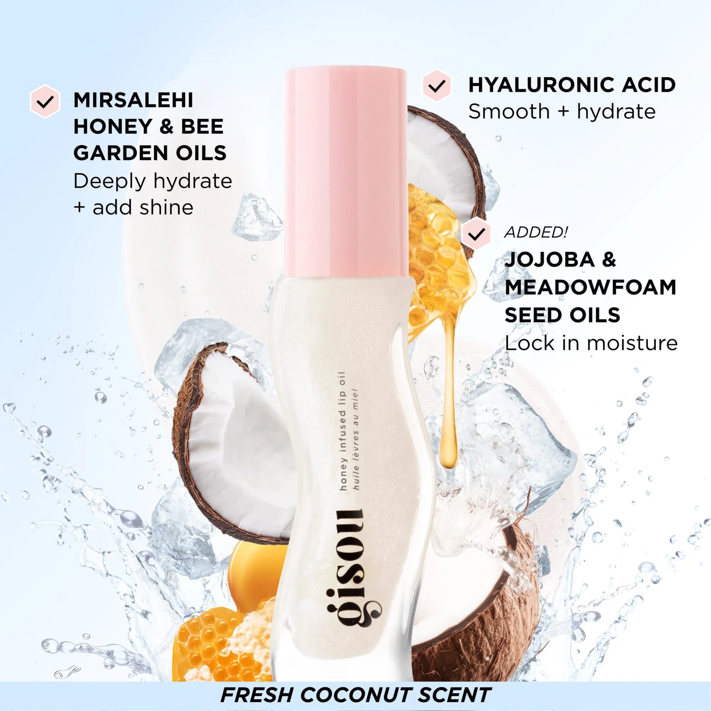 Gisou
Huile hydratante pour les lèvres Coconut Frost tropchic