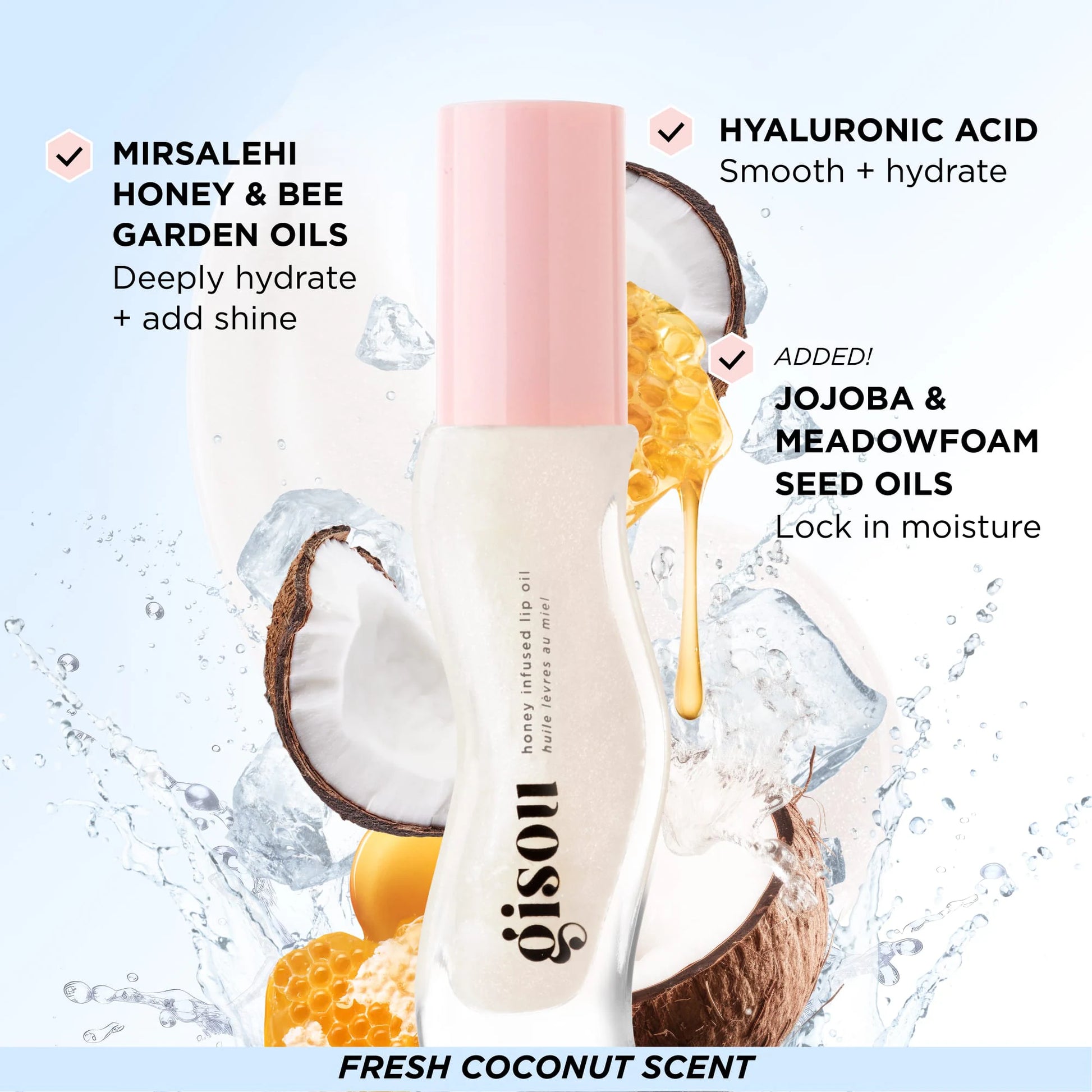 Gisou
Huile hydratante pour les lèvres Coconut Frost tropchic