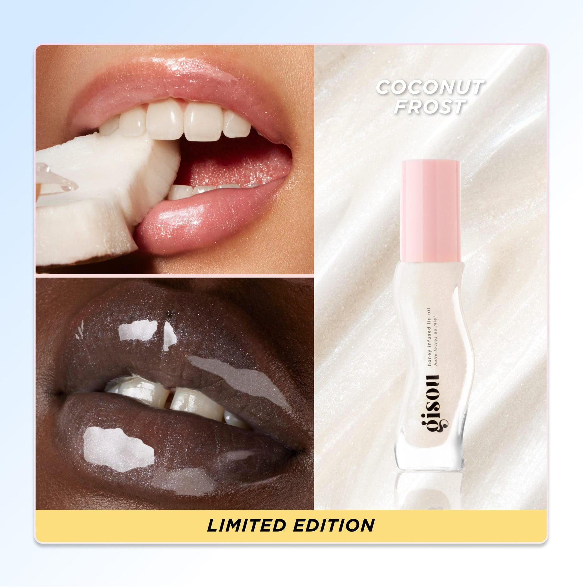 Gisou
Huile hydratante pour les lèvres Coconut Frost tropchic